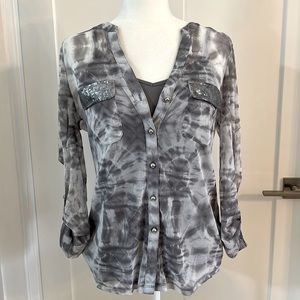 INC concepts sheer gray and white tide dye with sequin and metal button accent